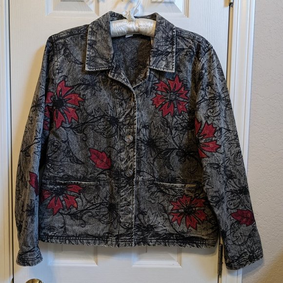 FRENCH LAUNDRY Black Wash Boho Denim Jacket Floral Embroidery - Picture 6 of 10